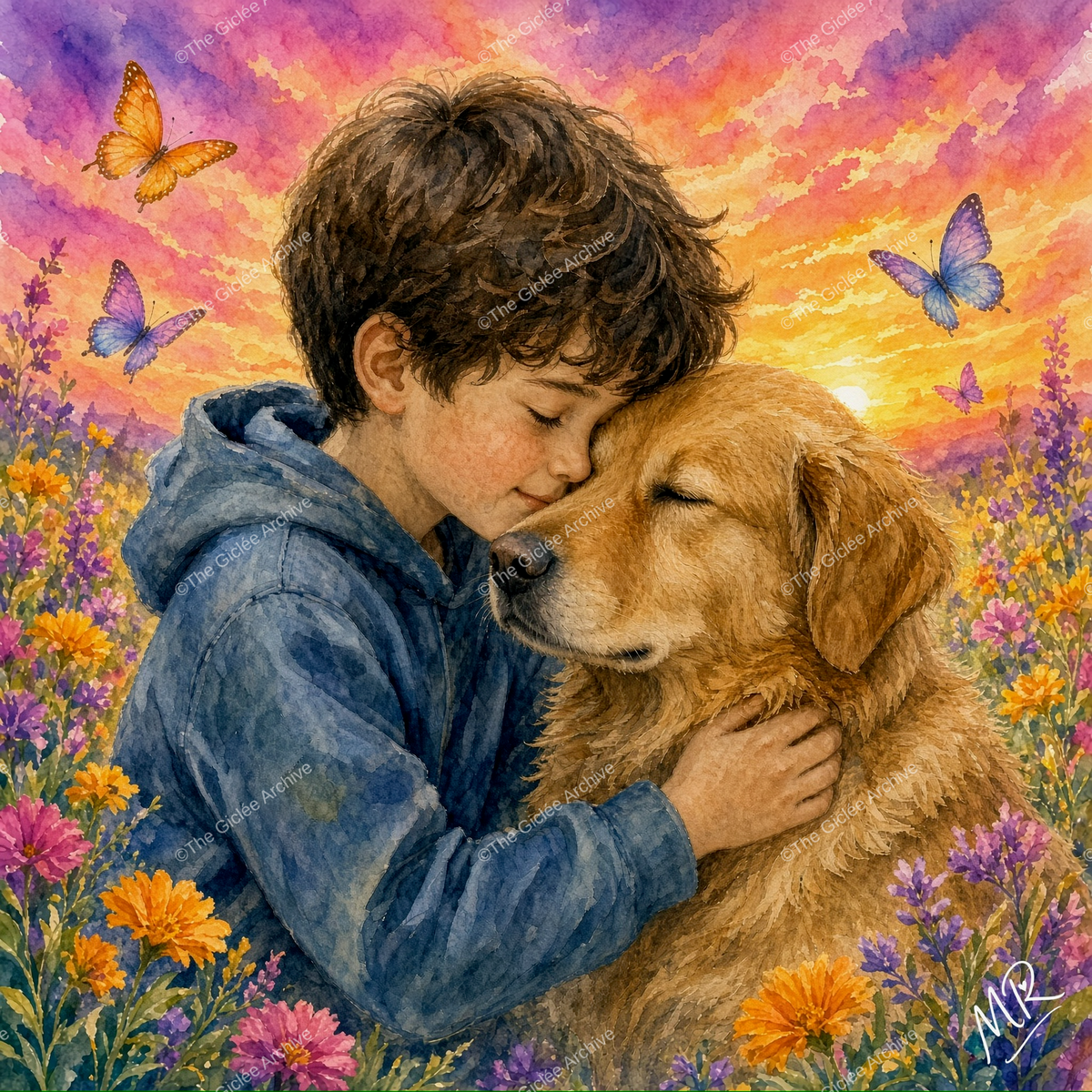 Golden Hour Embrace | Boy & Golden Retriever Sunset Art | Mounted Giclée Print