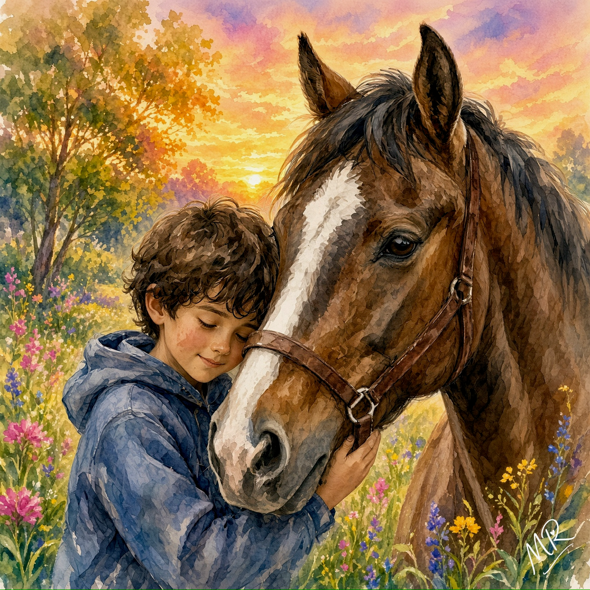 Kindred Spirits | Boy and Horse Wildflower Sunset Art | Mounted Giclée Print