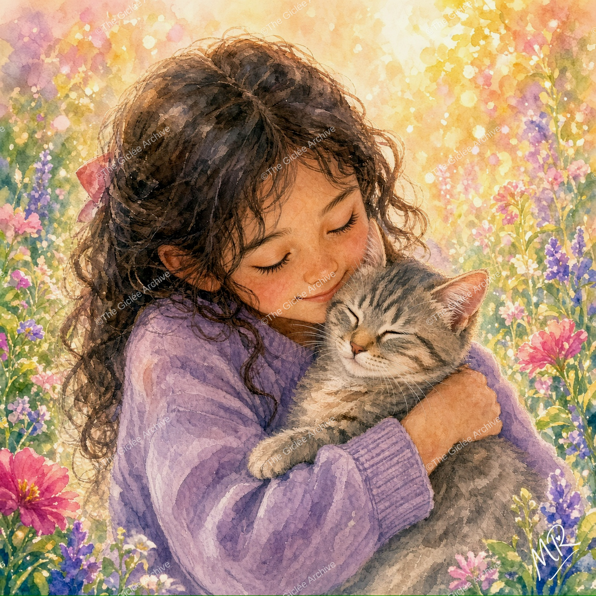 Whispered Trust | Girl Hugging Tabby Cat Wildflower Art | Mounted Giclée Print (Copy)